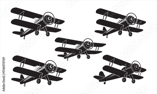 Set of retro biplane silhouettes isolated on white, classic vintage aircraft design for aviation art and logo decoration