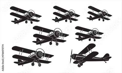 Vintage air transport silhouettes of biplanes, antique propeller aircraft icons for nostalgic aviation artwork and design