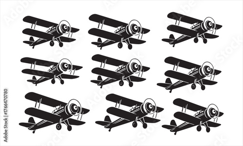 Group of classic biplanes vector illustration, old aviation machines flying in formation, black and white aircraft design