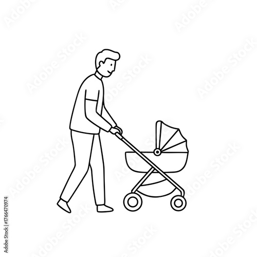 dad walking with stroller while caring for baby in minimalist style  