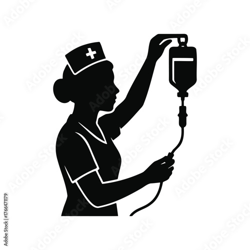 Nurse administering intravenous drip, healthcare professional silhouette.