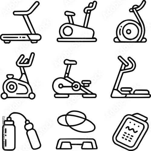 Gym Cardio Equipment Outline Icons Set  Treadmill, Exercise Bike, and Rowing Machine Line Art