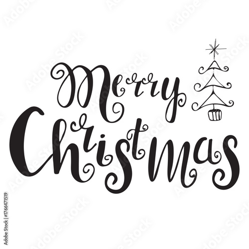 Merry Christmas hand lettering with Christmas tree and stars. Festive red and green holiday typography for greeting cards, posters, invitations, and winter design decoration.