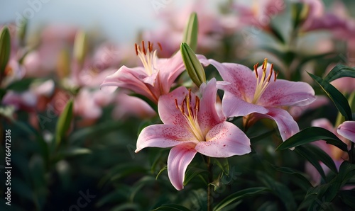 A field of soft pink lilies