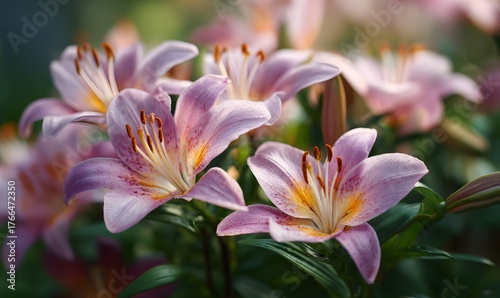 A field of soft pink lilies