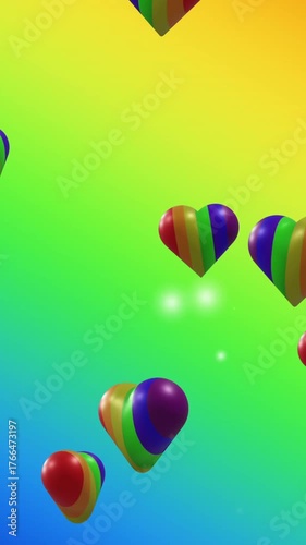 Animation of rainbow hearts over rainbow background