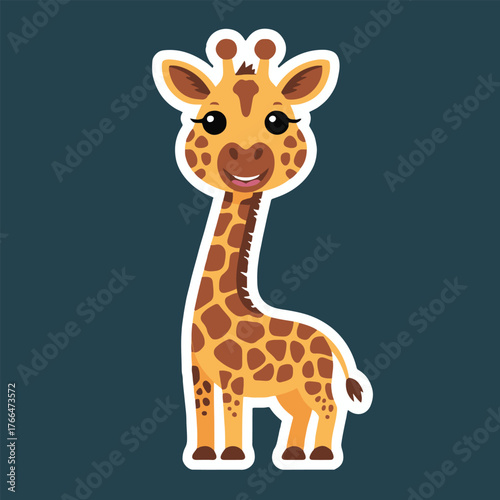 A cartoon giraffe with brown spots and a white outline standing on a dark teal background smiling sweetly