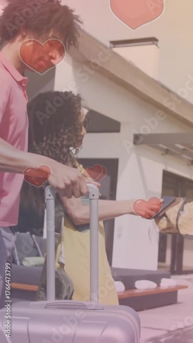 Walking with luggage, couple outside modern house with hearts animation