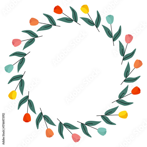 Colorful floral wreath frame with tulip flowers. Minimalist round floral frame made of colorful tulip flowers and green leaves, perfect for spring design, invitation, or greeting card.