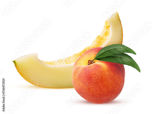 Melon slice and peach with green leaf
