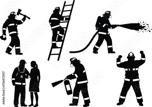 Firefighter silhouette vector, emergency response, black uniform, axe and hose, ladder rescue, extinguisher action, public safety illustration, hero pose