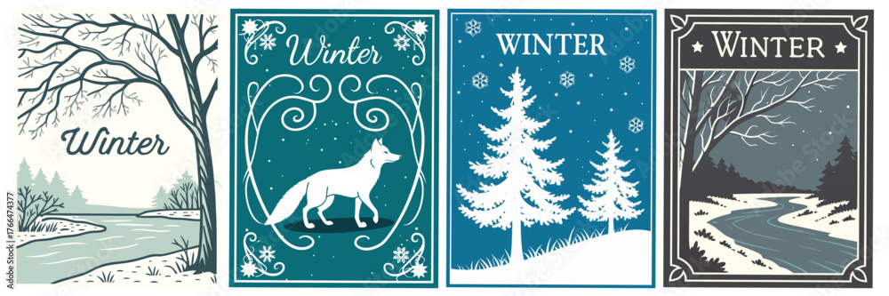 Fototapeta premium winter landscape set featuring forest scenes, snowy trees, and a wolf illustration on decorative panels for poster, greeting card and flyer