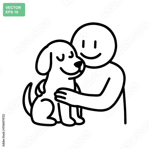 Simple line drawing of a person hugging a happy dog with eyes closed
