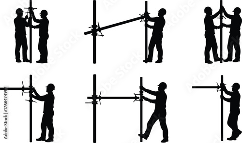 Construction workers assembling scaffolding silhouette, teamwork safety illustration, industrial site maintenance, building framework setup, professional labor concept vector design