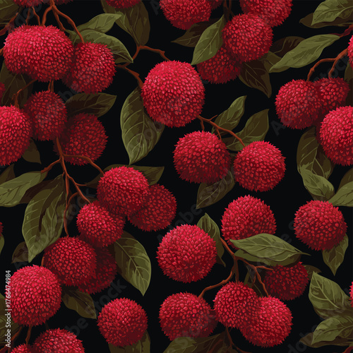 Seamless pattern with lychee. Exotic lychee fruit repeat design. Tropical fruit background.