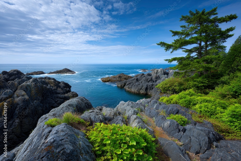 Obraz premium Rocky coast with evergreen trees overlooks a blue sea under a cloudy sky
