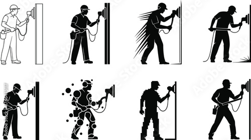 Industrial worker illustration, power tool usage, grinding action, silhouette styles, vector art, construction concept, motion graphics, abstract design, digital rendering