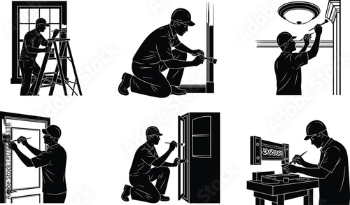 Professional worker painting and repairing home interior, handyman renovation service illustration, carpenter and painter silhouette concept, house maintenance design