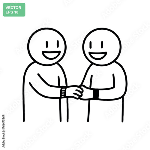 Two simple cartoon people shaking hands with happy smiles and friendly gestures