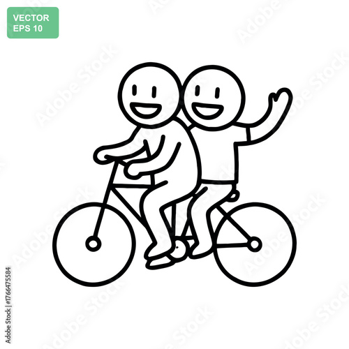 Two happy cartoon people riding a bicycle together waving hello