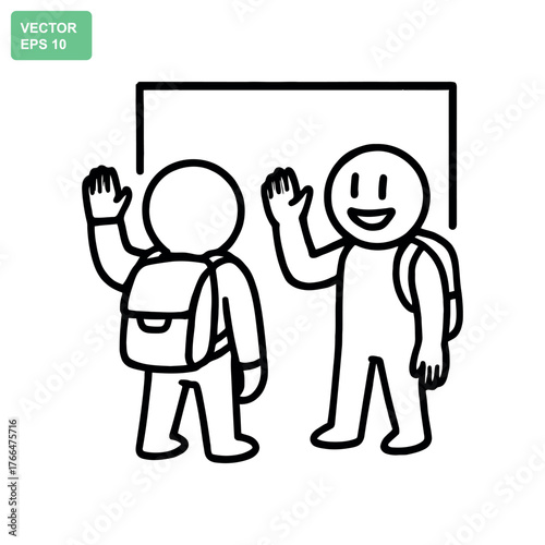 Two happy cartoon children with backpacks waving hello to the viewer