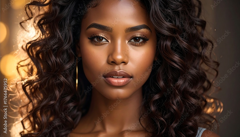 Fototapeta premium Portrait of a woman with dark skin, golden-brown eyes, and long, dark, curly hair, softly lit