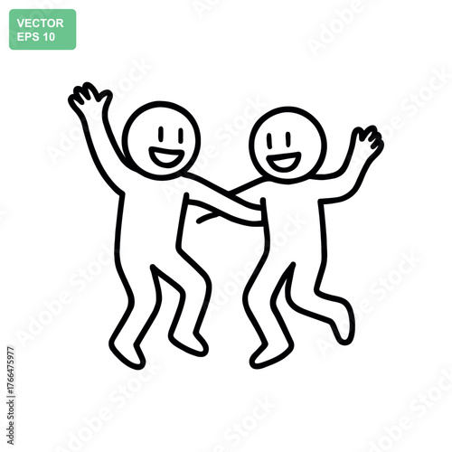 Two happy cartoon people dancing and celebrating together with arms raised