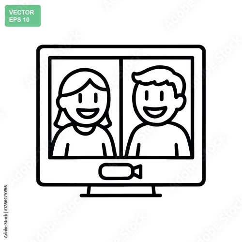 Cartoon illustration of a video call between two happy people on a computer screen