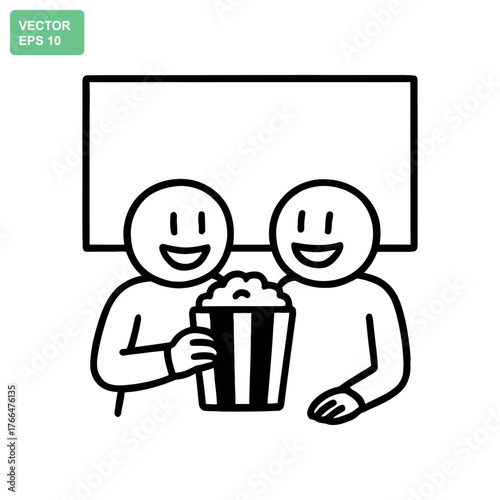 Two happy people sharing a large bucket of popcorn at the movies