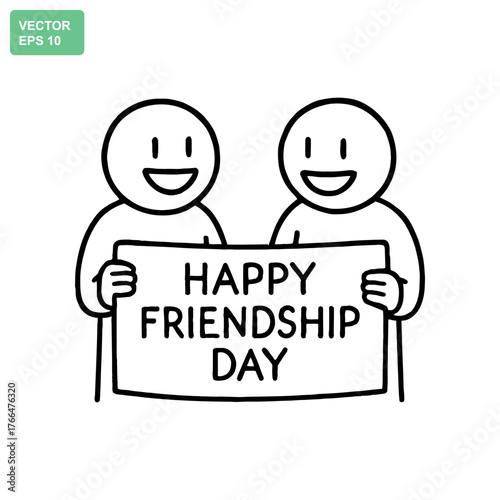 Two happy cartoon people holding a sign that says happy friendship day