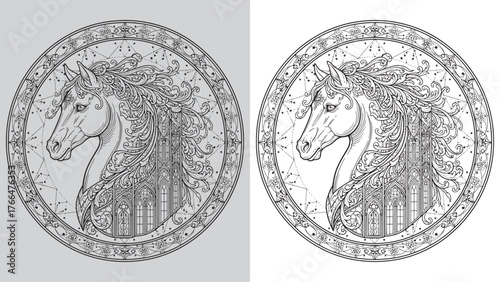 Horse Head Gothic Architecture Celestial Emblem Logo Design