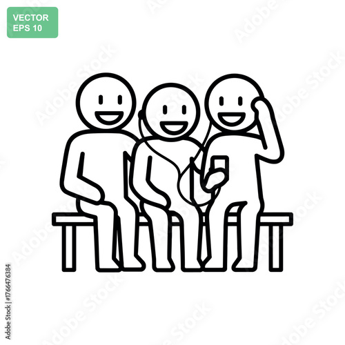 Three happy stick figures sitting together sharing music on one device
