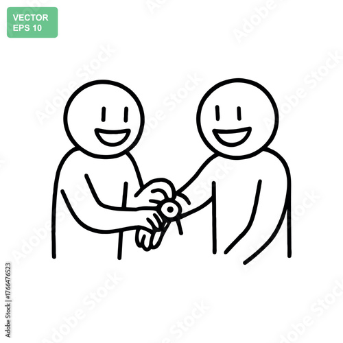 Two smiling stick figures shaking hands in a friendly gesture of agreement