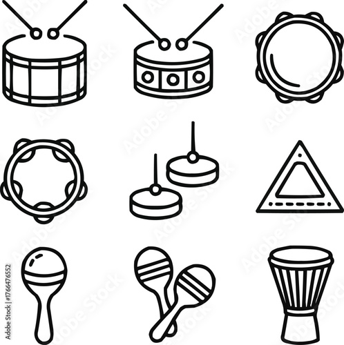 Percussion Instrument Outline Icons Set  Drums, Tambourine, and Cymbals Line Art Collection