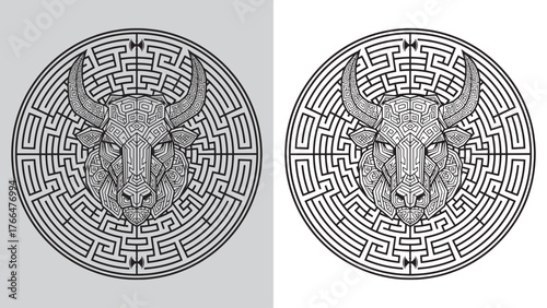 Minotaur Bull Head Geometric Maze Emblem Logo Design