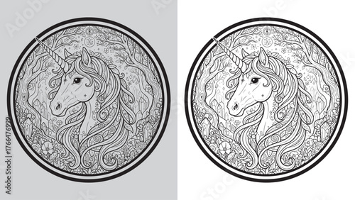 Mystical Unicorn Head in Enchanted Forest Emblem Logo Design