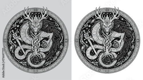 Dark Dragon Yggdrasil Sword Runic Emblem Logo Design with Galaxy Background