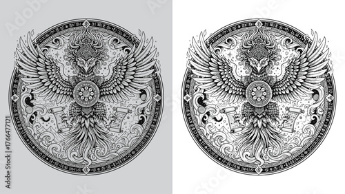 Divine Phoenix Bird Armor Scrolls Emblem Logo Design with Mystical Runes