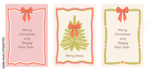 Vector set of retro pastel Christmas cards with wavy frames, bows, fir branches, and festive greetings. Features “Merry Xmas” and “Happy New Year” in a pencil hand-drawn vintage doodle style.