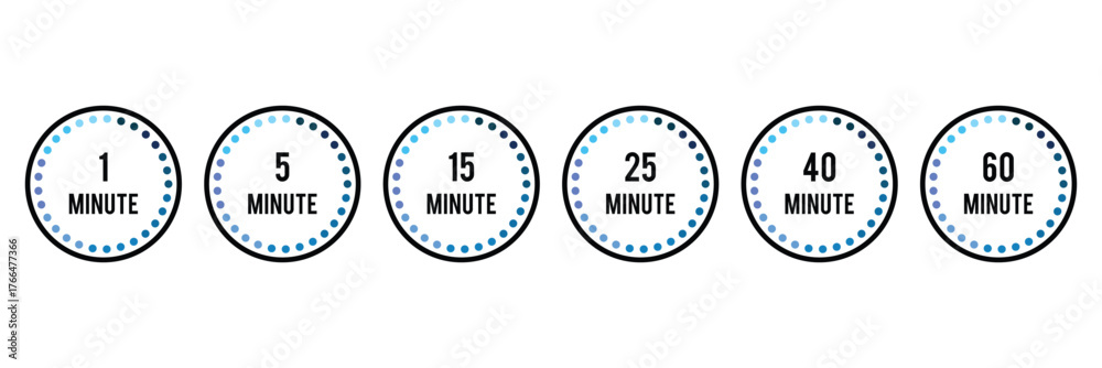 Naklejka premium Minute timer icons, vector set.1, 5, 15,25,40, 60 Minute timer icons set. Countdown timer symbol, vector, icon set. Timer, clock, stopwatch set, vector, silhouette icons. timer icon collection set