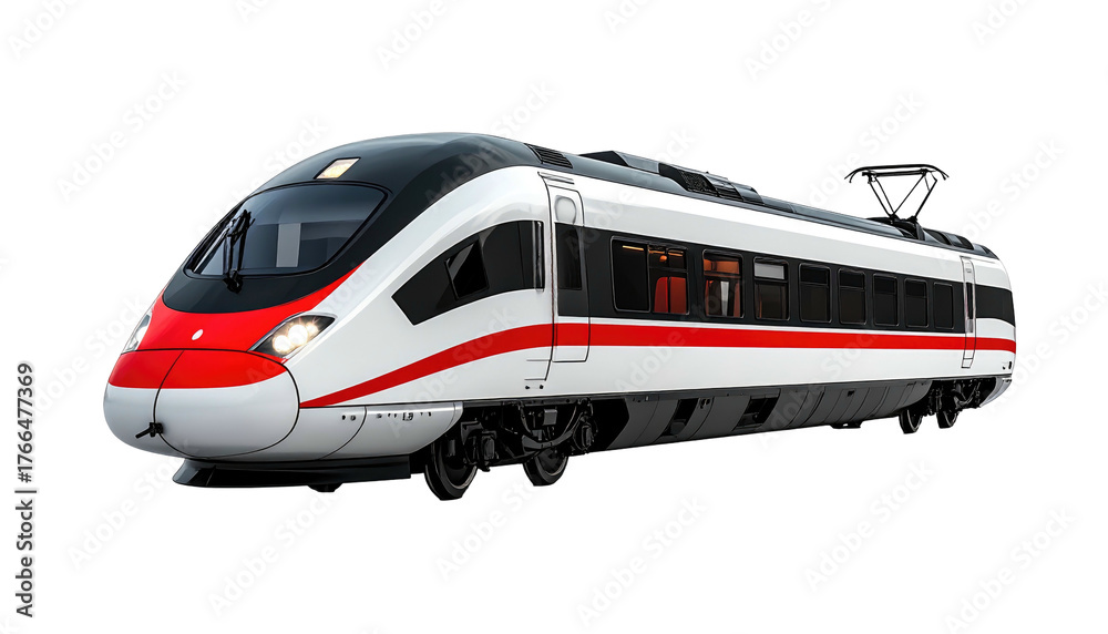 Fototapeta premium Streamlined high-speed train featuring a white body with red and black accents, against a dark backdrop