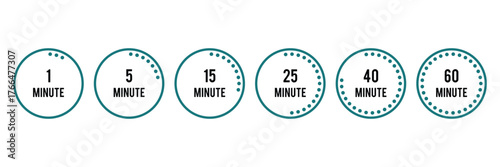 Timer, clock, stopwatch vector icon set from 1 to 60 minutes isolated on white background. Simple stopwatch icons. Colorful chronometer, time counter with dial. Countdown timer . eps 10