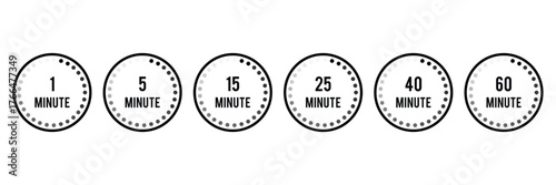 Minute timer icons, vector set.1, 5, 15,25,40, 60 Minute timer icons set. Countdown timer symbol, vector, icon set. Timer, clock, stopwatch set, vector, silhouette icons. timer icon collection set