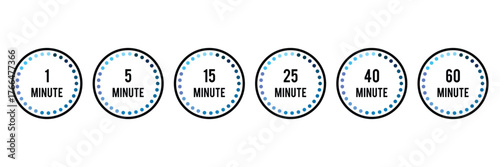 Minute timer icons, vector set.1, 5, 15,25,40, 60 Minute timer icons set. Countdown timer symbol, vector, icon set. Timer, clock, stopwatch set, vector, silhouette icons. timer icon collection set