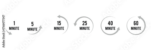 Timer icons showing countdown circles from1 to 60 minutes with blue highlighted segments, ideal for reminders, schedules, workouts, cooking timers, productivity tools.  Cooking time symbols. 