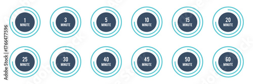Timer icons showing countdown circles from1 to 60 minutes with blue highlighted segments, ideal for reminders, schedules, workouts, cooking timers, productivity tools.  Cooking time symbols. 
