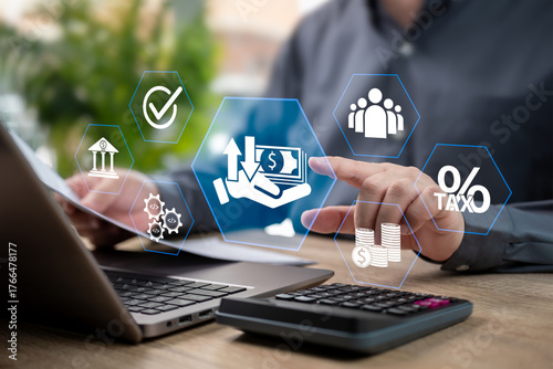 Corporate Payment and Expense Management System Software, Businessman Reviewing Financial Documents and Paying Online, Salary, Tax, Debt, and Fund Management for Efficient Business Accounting, Invoice