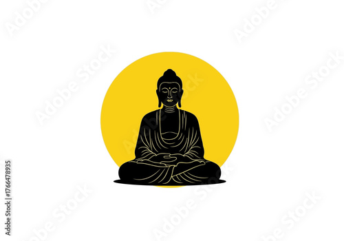 A black silhouette of a seated Buddha against a solid yellow circular backdrop