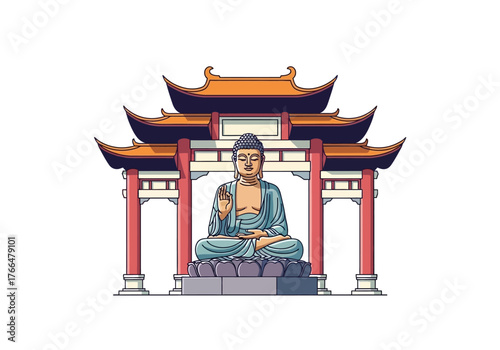 A Buddha statue sits within a threetiered Chinese pagoda