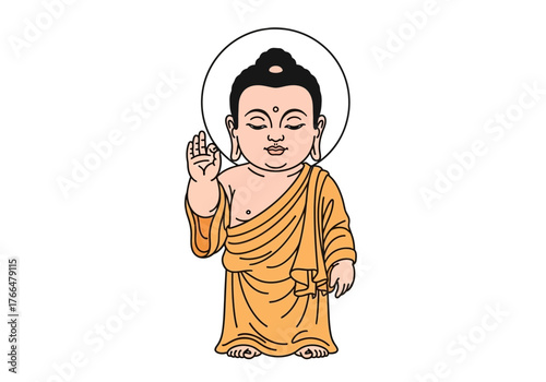 A cartoon baby Buddha stands with right hand raised against a white halo
